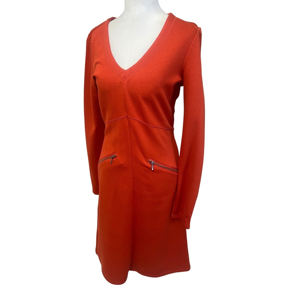 Athleta Midi Knit Dress Sz ST Orange Red Long Sleeve V-Neck Zip Athleisure